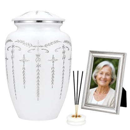 CLEENTABLE Cremation Urn for Human Ashes Adult, 200+ cu in, White Metal | Metal alloy, 11in H x 6.5in W, screw-top lid, 200+ cubic inches, handcrafted, women & men - color: White Silver, size: Classic Silver Vine - 6.5x11"