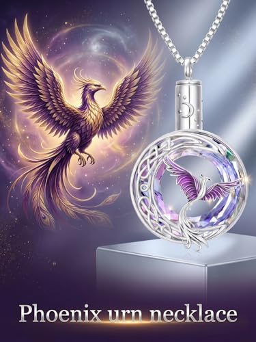 TOUPOP Phoenix Urn Necklace Cremation Jewelry for Ashes 925 Sterling Silver Crystal Phoenix Pendant with Funnel Filler Memorial Jewelry Gifts for Women - color: 02-Purple Phoenix