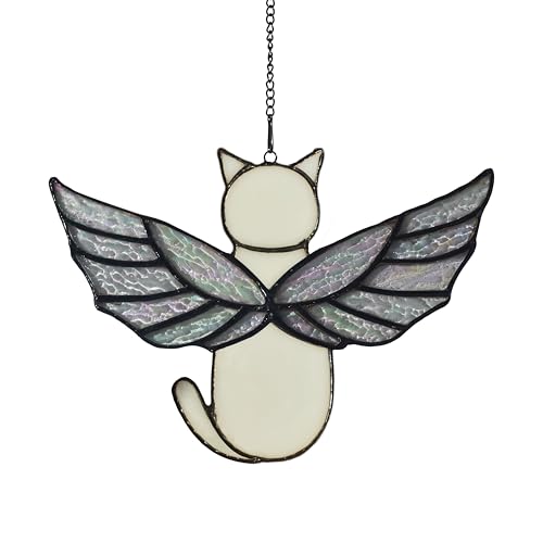 Angel Rainbow Wing Memorial Gifts - Stained Glass Cat Suncatcher, Loss of Cat Sympathy Gift (White) - color: White