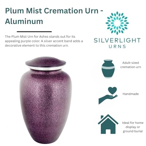 Plum Mist Cremation Urn for Ashes, Aluminum, Purple Urn, Adult Sized Cremation Urn, 10.5 Inches High - color: Plum Mist