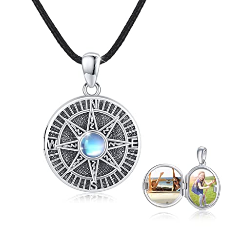 MEDWISE 925 Sterling Silver Locket Necklace That Holds Pictures Photo Necklace Oxidized Rose Flower/Sunflower/Compass/Celtic Heart Pendnat Lockets Gifts for Women Birthday Christmas Gifts - style: A-Compass Locket