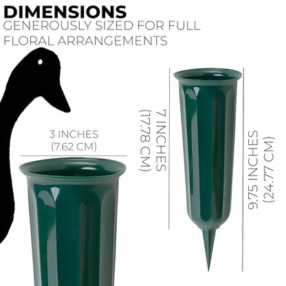 Black Duck Brand Green 9.75" Plastic Cemetery Memorial Grave Flute Flower Vases; 2 Pack