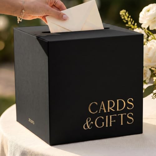 ZICOTO Elegant Wedding Card Box - Black Gift Card Holder w/Gold Foil | Matches Your Party Reception Decorations - Sturdy and Easy to Assemble for Bridal Showers, Anniversaries and Graduations - color: Black