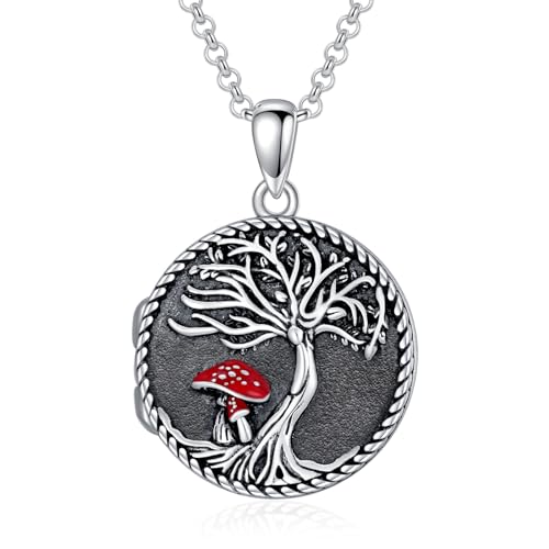 Round Locket Necklace 925 Sterling Silver Filigree/Flower Locket Necklace That Holds Pictures Birthday Christmas Jewelry Gifts for Women - color: 08-Tree of Life Mushroom Locket