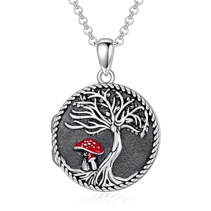 Round Locket Necklace 925 Sterling Silver Filigree/Flower Locket Necklace That Holds Pictures Birthday Christmas Jewelry Gifts for Women - color: 08-Tree of Life Mushroom Locket