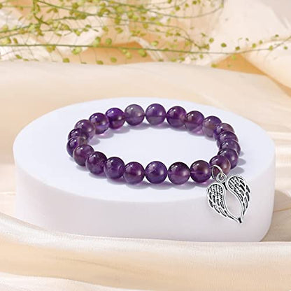 QWNHONEY Memorial Gifts for Loss of Loved Sympathy Remembrance In Memory of Mother Father Pet Bereavement Grief Pink Red Beads Bracelet with Angle Wings Jewelry Gifts for Women - style: Purple-Wings-I was always his angel, now he's mine