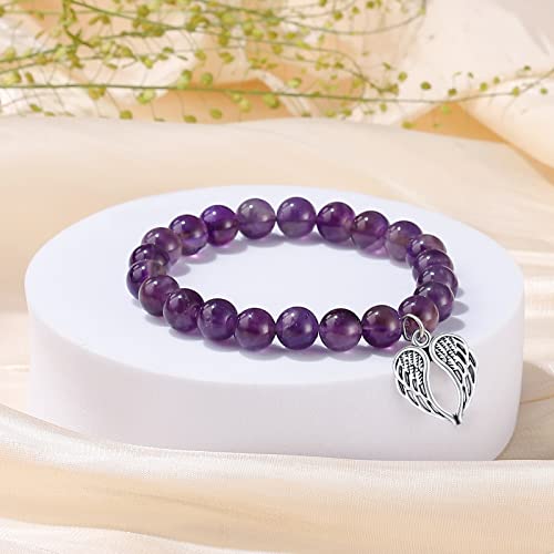 QWNHONEY Memorial Gifts for Loss of Loved Sympathy Remembrance In Memory of Mother Father Pet Bereavement Grief Pink Red Beads Bracelet with Angle Wings Jewelry Gifts for Women - style: Purple-Wings-A piece of my heart is in Heaven