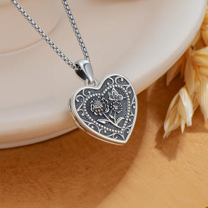 PELOVNY Birth Flower Locket Necklace for Women 925 Sterling Silver Flower Butterfly Heart Photo Locket Pendant Birthday Christmas Jewelry Gifts for Mom Daughter Wife Sister - color: 11-Chrysanthemum