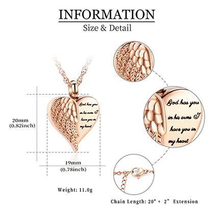shajwo Cremation Heart Urn Necklace Ashes Jewelry for Women Men Keepsake Pendant Memorial Locket Ash Holder - color: Wing-Rose Gold