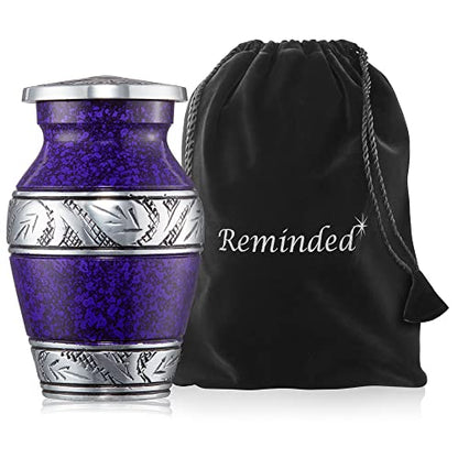 Reminded Small Cremation Keepsake Urns for Human Ashes, Set of 4 Purple and Silver Miniature Urns with Velvet Case and Bags - color: Purple