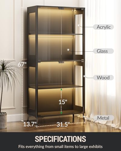 Glass Display Cabinet with Doors, 4-Tier Display Case with Adjustable Shelves, RGB LED Lights with App & Remote Control, Curio Storage Cabinet with Metal Base for Collectibles, Books, Black