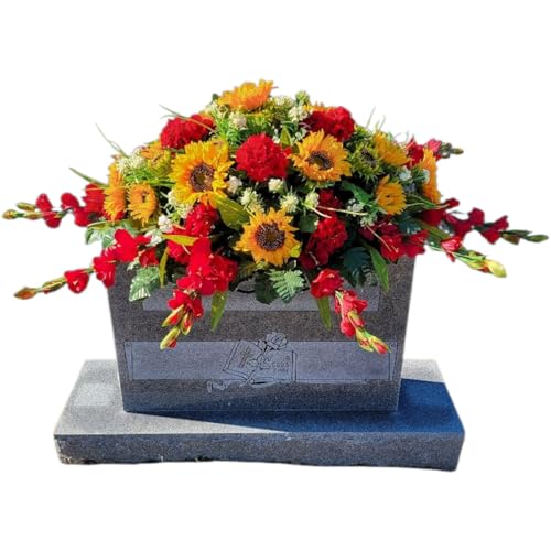 Yellow Sunflower Red Geranium Gladiolus Large Cemetery Saddle Memorial Decoration - Realistic Silk Faux Floral Artificial Grave Flowers for Headstone Decorating