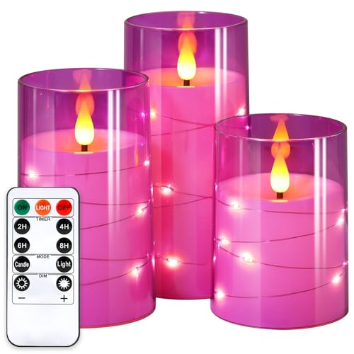NURADA Flickering Flameless Candles: Built-in Star String Lights 3D Wick Acrylic Battery Operated LED Pillar Candles with Remote and Timer for Table Wedding Centerpieces Party 3 Pack Purple - color: Purple, size: 4-5-6 inches