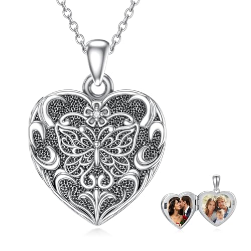Midari Personalized Heart Locket Necklace That Hold 2 Pictures 925 Sterling Silver Oxidized Photo Necklace Memory Custom Photo Lockets Necklaces Jewelry Gifts for Family Women Lover Mom Dad - color: Butterfly, style: Locket Only
