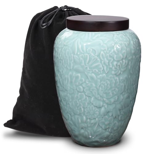 Large Urn for Ashes for Women,Funeral Cremation Urn for Human Ash | Adult Female/ Male,Decorative Floral Ceramic Burial Urn,Holds Up to 125LBS(125Cubic inch)(Velvet Bag Included) - color: Large-turquoise, size: Large