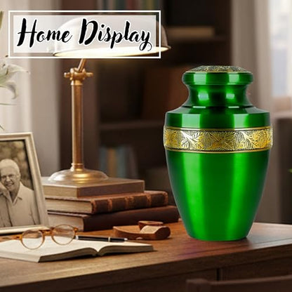 CLEENTABLE Hand-Engraved Cremation Urn for Human Ashes, Green - color: Green & Gold, size: Hand-Etched Leaf - 7x11"
