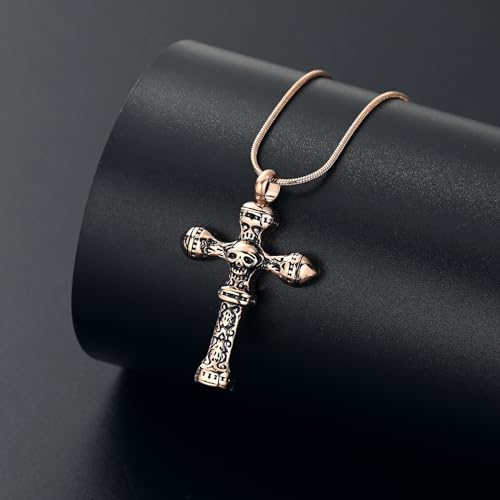 Skull Cross Cremation Jewelry Retro Skull Urn Necklaces for Ashe Stainless Steel Memorial locket Keepsakes Jewelry Human Ash Pendant Jewelry for Men Women - color: Rosegold