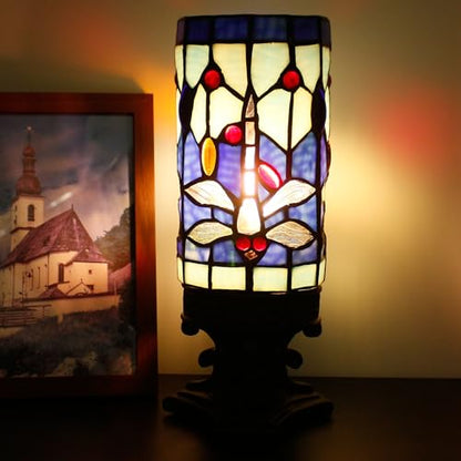Small Tiffany Table Lamp Blue Dragonfly Style Mini Stained Glass - color: Navy Blue Dragonfly Style