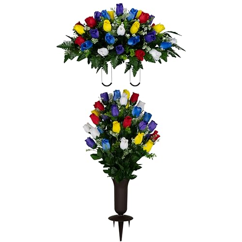 Sympathy Silks Artificial Cemetery Flowers - Gravesite Flowers - Multi Color Roses - (1) Headstone Flower Saddle & (1) Matching Bouquet (1) Cemetery Vase Included - color: Multi Color Roses, size: (1) Saddle (1) Bouquet (1) Vase