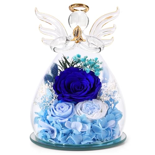 Bessol Gifts for Women Birthday Gifts for Mom Flowers for Delivery Fresh Eternal Preserved Rose Forever Flower in Glass Angel Figurines Gift Anniversary for Grandma Wife Sister Daughter Friends - color: Dark Blue (Rose, Austin, Baby's Breath, Hydrangea)