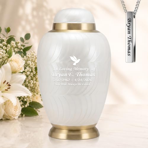 Personalized Dometop White Cremation Urns for Human Ashes Adult Set of 2 - color: Dometop White Single Urn - Custom