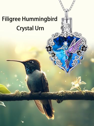 JKR Heart Urn Necklace for Ashes Crystal Keepsake Pendant Memorial Jewelry - style: Hummingbird-Blue Heart