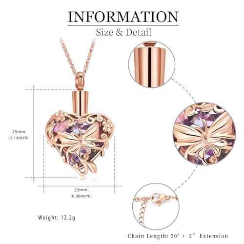 shajwo Butterfly Heart Urn Necklaces Cremation Jewelry for Ashes for Women Men Memorial Human Ashes Pendant - color: A Rose Gold-Purple