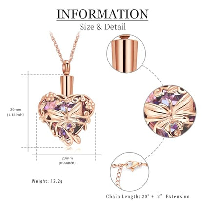 shajwo Butterfly Heart Urn Necklaces Cremation Jewelry for Ashes for Women Men Memorial Human Ashes Pendant - color: A Rose Gold-Purple