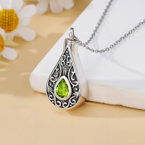 Teardrop Urn Necklace for Ashes Filigree Birthstone Keepsake Pendant Cremation Jewelry for Ashes Memorial Jewelry Gifts for Loss of a Loved One for Women - style: Aug-Peridot