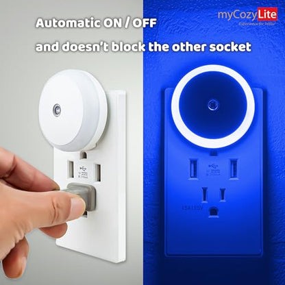Blue LED Night Light, Plug in, Dusk to Dawn Smart Sensor, Small Round Nightlight, Energy Saving, Night light Plug into Wall for Bathroom, Kitchen, Bedroom, Hallway, Stairway, Travel, 2 Pack - color: Blue