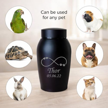 Personalized Cremation Keepsake Pet Ashes Urn Waterproof with Airtight Closure Customized Text Engraving Vase Container Memorial Dog Cat Funeral Decorative (Infinity Symbol w/Paws & Hearts)