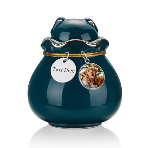 SOITIS Engraving Pet Memorial Urn for Cat or Dog Ashes - 3.54"x3.15" Elegant Ceramic Keepsake Holder with Pet-Shaped Lid & Gold Trim, Small Green Urn for Pet Ashes - color: Green-custom