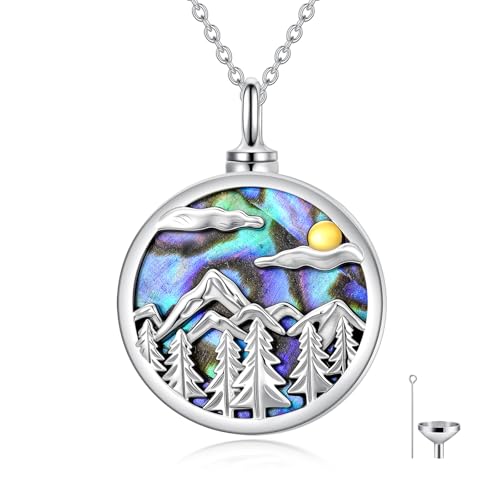 Urn Necklace for Women Sterling Silver Meaningful Memorial Jewelry | Paw Print/Butterfly/Dragonfly/Bird/Dolphin/Mountain/Tree of Life Urn Necklace for Ashes Cremation Keepsake Jewelry for Women - style: Abalone-Mountain range