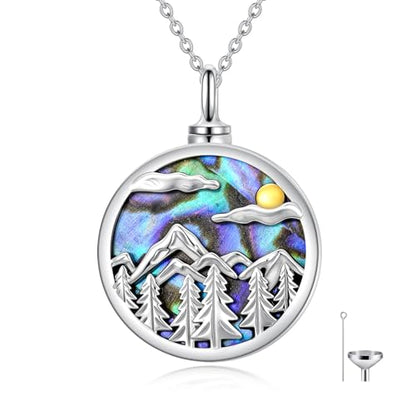 Urn Necklace for Women Sterling Silver Meaningful Memorial Jewelry | Paw Print/Butterfly/Dragonfly/Bird/Dolphin/Mountain/Tree of Life Urn Necklace for Ashes Cremation Keepsake Jewelry for Women - style: Abalone-Mountain range