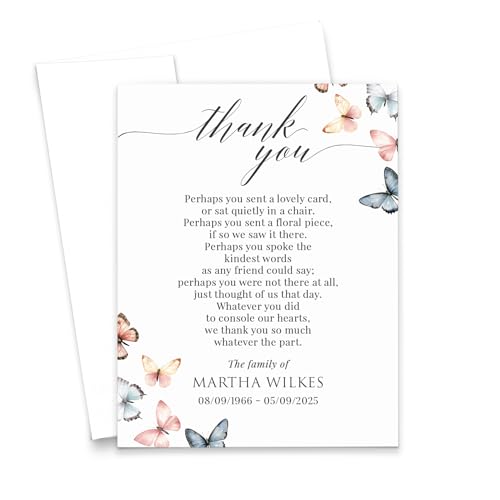 Modern Pink Paper Customized Butterfly Funeral Thank You Cards With Envelopes, FLAT Bereavement Thank You Notes With Butterflies, Sympathy Acknowledgement Card, Your Choice of Quantity & Color - color: Butterflies