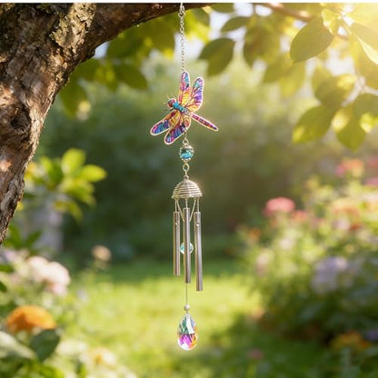 YU FENG Dragonfly Wind Chime with Crystal Suncatcher, Memorial Garden Decor - style: Tranquil Garden – Dragonfly – 21 Inch