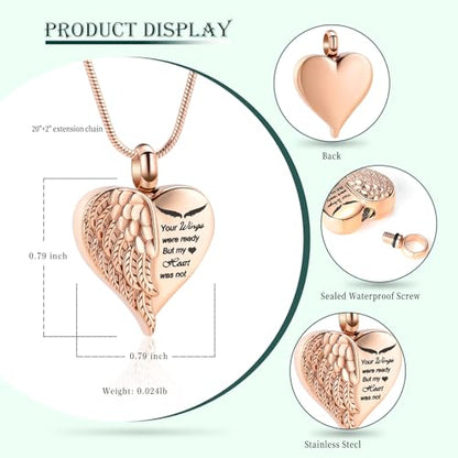 Love Heart Cremation Jewelry Urn Necklaces Wing Urn Necklaces for Ashes Memorial Keepsake Pendant for Women Men Gifts With Funnel Kit & Bag - color: RoseGold