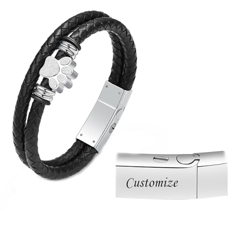 Paw Print Urn Bracelet for Ashes for Women Men Leather Wristband Bangle | stainless steel & leather, 4 sizes for men & women, leak-proof urn design, holds ashes & keepsakes, memorial gift - color: Z-Customize