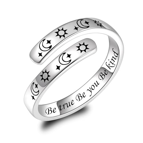BEILIN 925 Sterling Silver Inspirational Jewelry Rings Adjustable Ring Personality Encouragement Gift for Teens Women - style: Design 1: Moon star sun