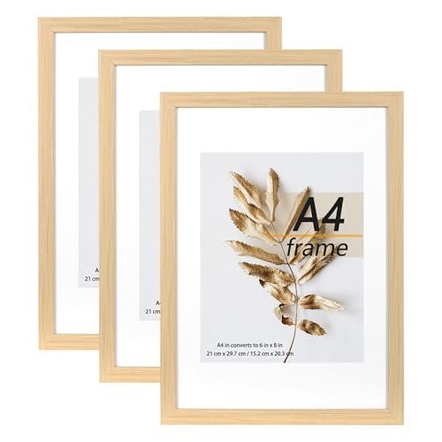 A4 Picture Frame Natural 3 Pcs set can Display 6x8 Picture with Mat or A4 Without Mat on the Wall - color: Natural, size: A4-3Pack