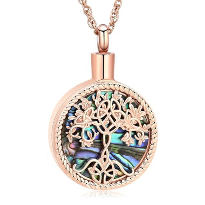 shajwo Cremation Jewelry Tree of Life Urn Ashes Necklace for Women Men Abalone shell Ash Pendant Keepsake Memorial Jewelry of Loved One - color: Rose Gold