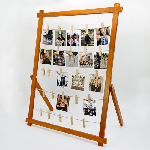 FramePro Wood Photo Display Board with Clips (Walnut) | Freestanding stable desktop frame, holds up to 30 photos, ideal graduation table centerpiece decor - color: Walnut