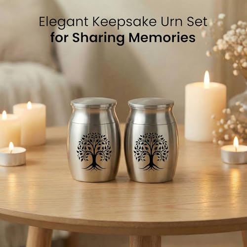 Stainless Steel Silver Urn for Ashes Male & Female, Cremation urns for Human Ashes Man & Women, Set of 5 Includes 1 Large Urn, 2 Keepsakes & 1 Silver & Black Cross Necklace - color: Stainless Steel Tree of Life Urn - Companion Set