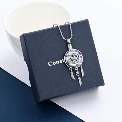constantlife Circle of Life Dreamcatcher Cremation Jewelry for Ashes Stainless Steel Crystal Pendant Urn Necklace Keepsake Human Pet Memorial Gift for Women Men - color: Silver-Purple