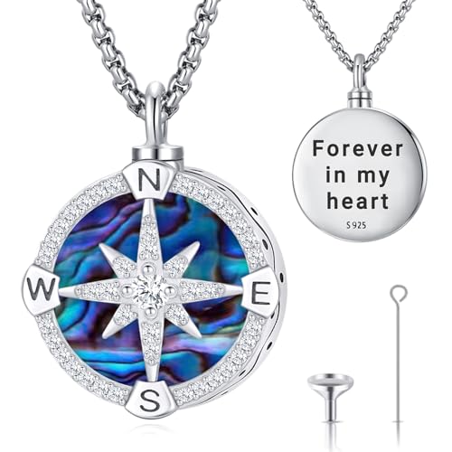 Compass Necklace for Women Men 925 Sterling Silver Pendant Urn Necklaces for Ashes Picture Locket Necklace Anchor Necklace Viking Necklace Crystals CZ Moonstone Abalone Shell Turquoise Compass Jewelry - color: T-F-Compass Urn Necklace, style: Urn Necklace
