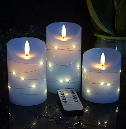 danip Sky Blue LED Flameless Candle, with Embedded Star String, 3-Piece Set of LED Candles, with 11 Button Remote Control, 24-Hour Timer Function, Dancing Flames, Real Wax, Battery Powered. - color: Sky BlueZ#1*3