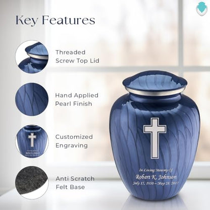 Geturns - Adult Personalized Simple Cross Cremation Urns for Human Ashes I Large Pearl Cobalt Blue Funeral Urn for Men and Women I 200 lbs - color: Pearl Cobalt Blue
