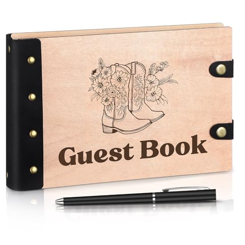 Engrowtic Western Cowboy Wedding Guest Book with Pen Wooden Guestbook Wedding Reception with Leather 7 x 10 Inches Wood Grain Guest Book Signing for Birthday Bridal Shower Baby Shower Decor - style: Western