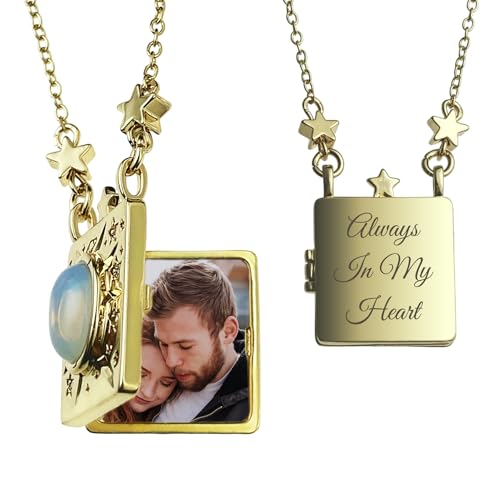 Vintage Opal Stone Embossed Galaxy Star Moon Photo Locket Pendant Book of Love Necklace Holds Pictures DIY Gifts - color: Gold - 1 Text + 1 Photo