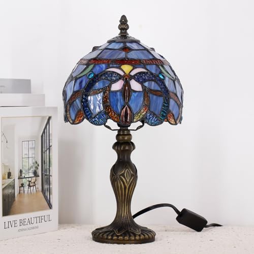 Small Tiffany Stained Glass Table Lamp,Blue Purple | Mini Desk Accent Light, Bedroom Bedside Reading, Antique Style Decor, 8X15 Inches - color: Blue Purple